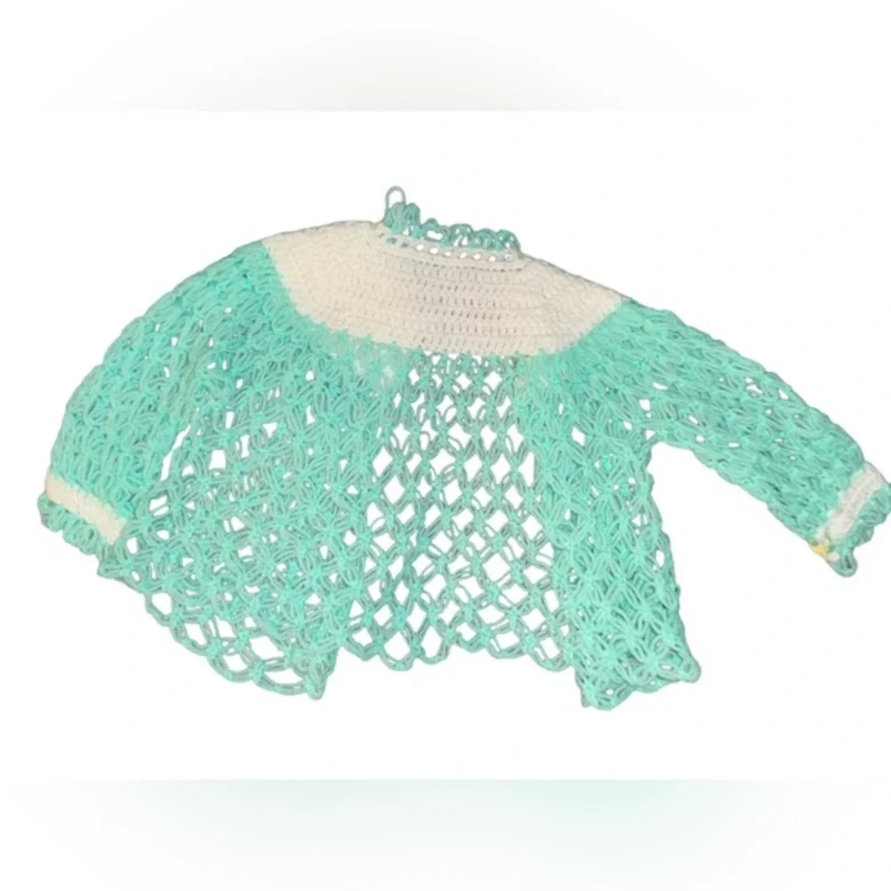Vintage New Born Baby Hand made‎ crochet cardigan in white and green